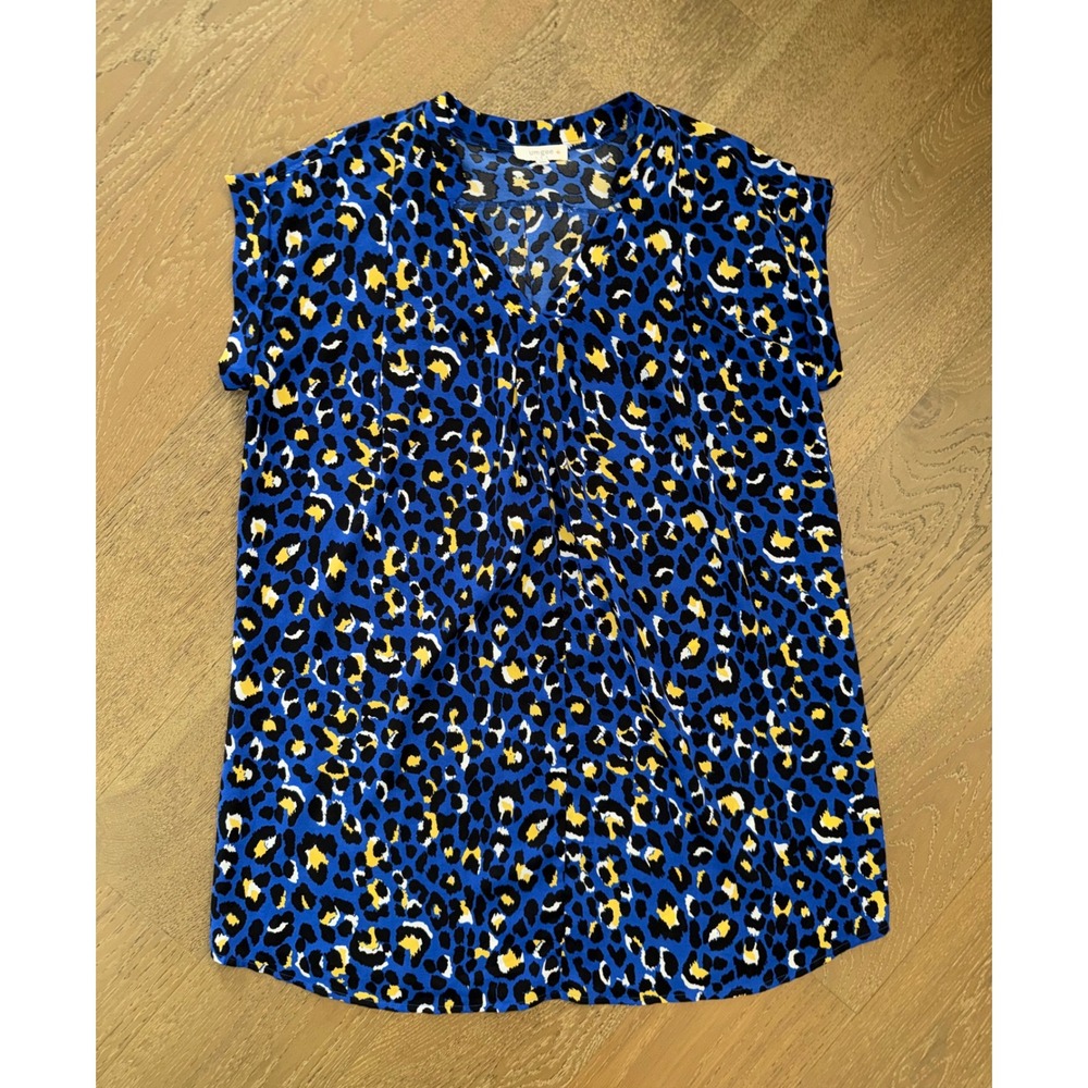 Umgee Blue Leopard Print V Neck Blouse Short Sleeve Top Womens 1XL